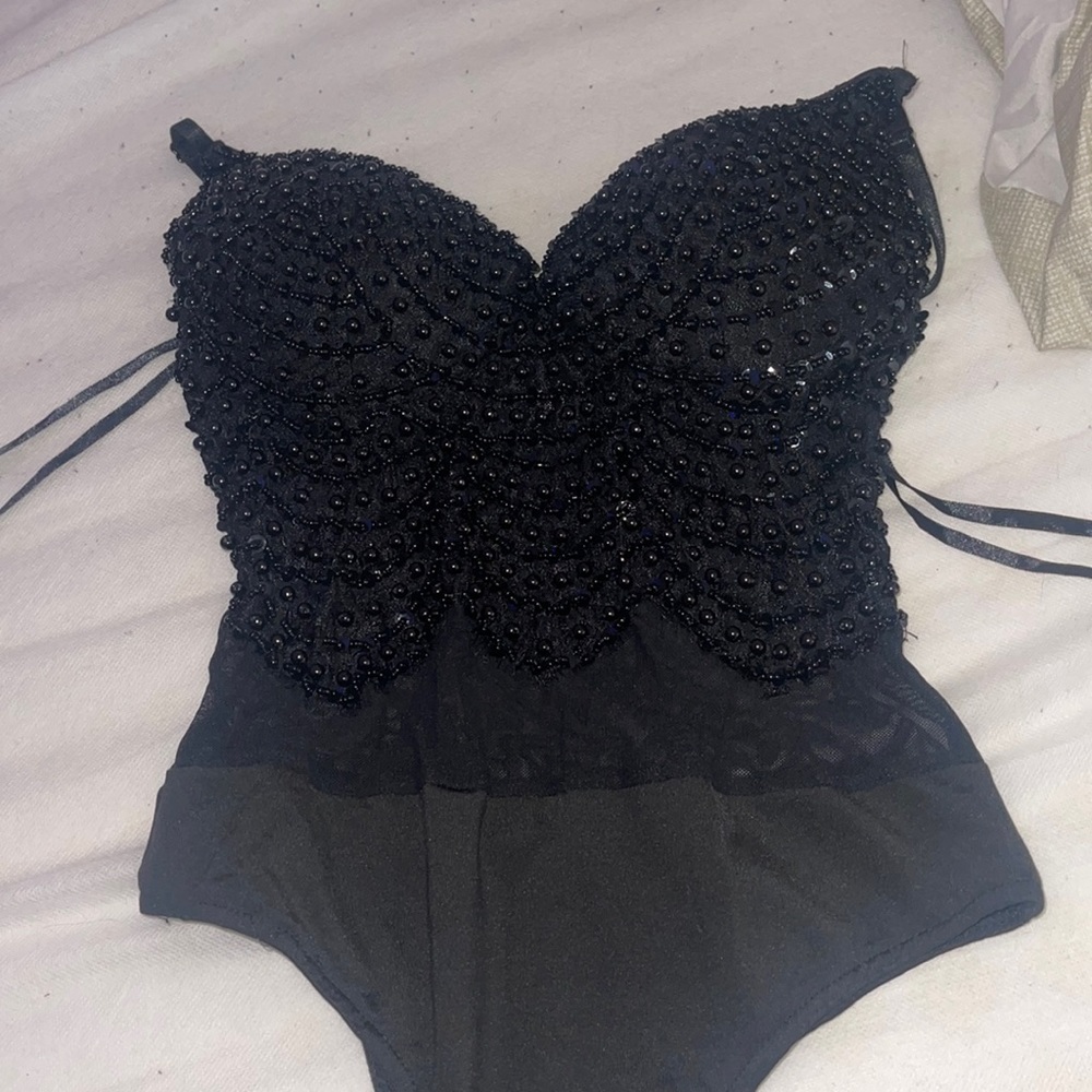 Black sequin see through bodysuit